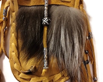 Silver fox fur/fox claw/gold leather/medicine bag/ leather pouch/shoulder bag/cross body bag/deer skin