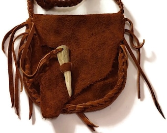 6x6 crossbody tobacco deer skin/antler tip bag/purse/medicine bag/possibles bag/ leather pouch/shoulder bag