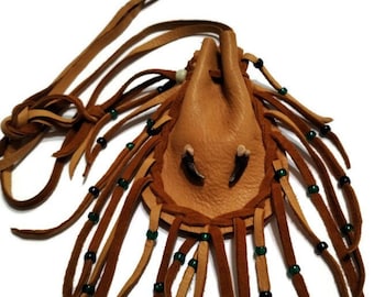 Coyote claws/saddle tan leather/ medicine bag/pouch/drawstring/beaded/fringe/drawstring