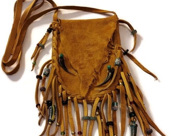 Crossbody/shoulder/suede out leather medicine bag/leather pouch/coin purse/handmade/deerskin leather/badger claws/crystals/coins