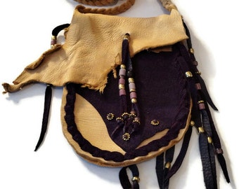 Smoke and purple bag/medicine bag/ leather pouch/shoulder bag/the purple is suede side out/