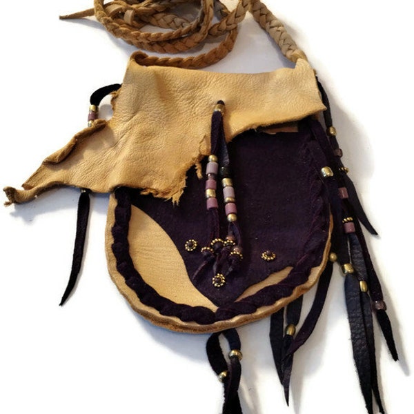 Smoke and purple bag/medicine bag/ leather pouch/shoulder bag/the purple is suede side out/