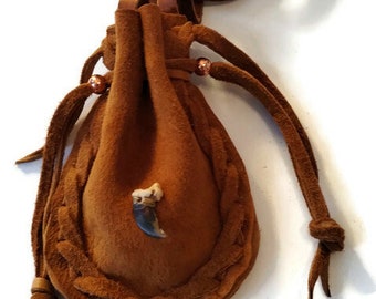 Coyote claw/saddle tan leather/ suede out/medicine bag/pouch/double drawstring/fringe/drawstring/crystals/coins/