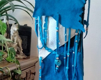 Turquoise/white/black/bag/medicine bag/ leather pouch/shoulder bag/cross body bag/deer skin/braided straps/