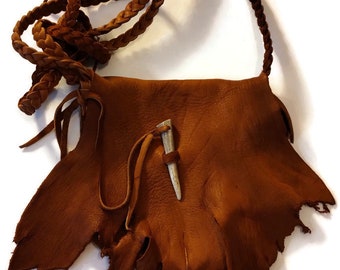 6x6 crossbody tobacco deer skin/antler tip bag/purse/medicine bag/possibles bag/ leather pouch/shoulder bag/rustic/ primitive