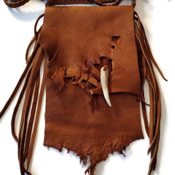 6x6 crossbody tobacco deer skin/antler tip bag/purse/medicine bag/possibles bag/ leather pouch/shoulder bag/rustic/ primitive
