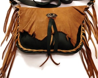 Cross body/shoulder bag/purse/saddle tan and dark green leather/solid strap/fringe