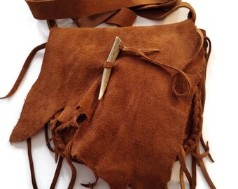 Cross body/shoulder bag/possibles bag/tobacco leather/suede out/antler tip closure/solid straps/fringe/hunting/black powder/rendezvous