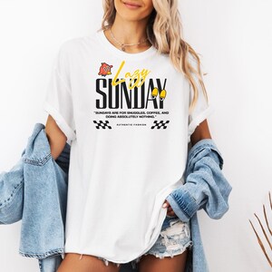 Lazy Sunday Graphic Tee for Women | Cute Oversized Casual T-Shirt with Funny Quote | Relaxing Weekend Shirt | Snuggle and Coffee Lover Gift