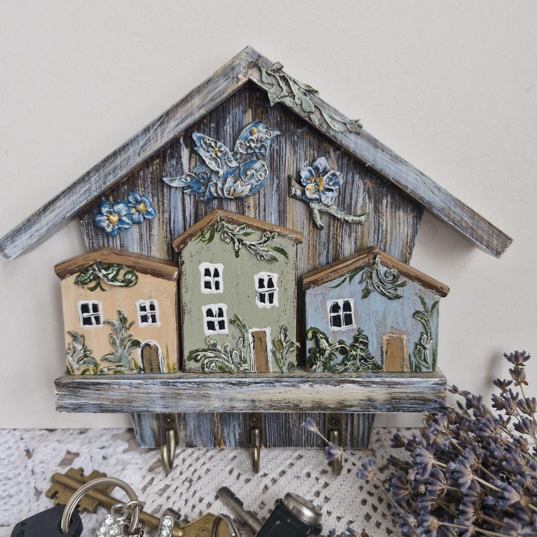 Rustic Wooden Key Holder House Handmade Wall Hooks for Keys Cottagecore ...