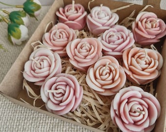 Juego de 11 velas de cera de soja hechas a mano con forma de rosa. Decoración para el hogar. Regalo artesanal. Regalo de cumpleaños.