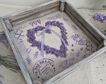 Mini bandeja decorativa de lavanda, estilo provenzal, decoración para el hogar, decoupage artesanal, decoración de cocina de estilo vintage.