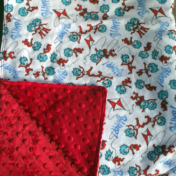 Baby Blanket - Dr. Seuss Thing 1 and Thing 2 Flannel and Bright Red Dimple Minky