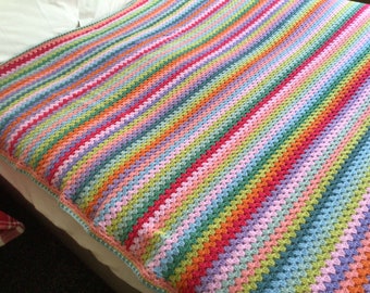 Large handmade crochet blanket, granny stripe crochet blanket /throw, colourful stripe crochet blanket