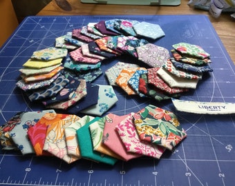 50 ready  tacked patchwork hexagons Liberty/Tula Pink  quilting fabrics
