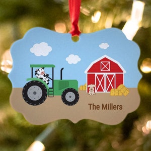 Personalized Farming Christmas Ornament - design includes green tractor, cow and red barn