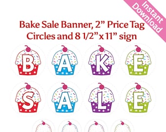 Printable Bake Sale Cupcake Banner and matching 2" circle price tags in rainbow colors