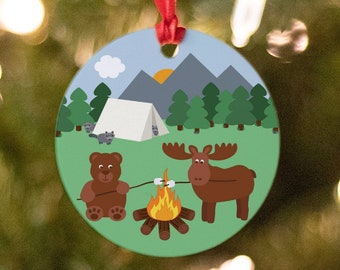 Personalized Forest Animal Camping Christmas Ornament with a cute bear, moose and racoons