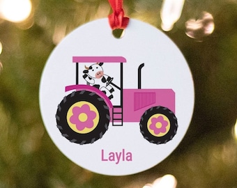 Personalized Pink Tractor with Cow Christmas Ornament