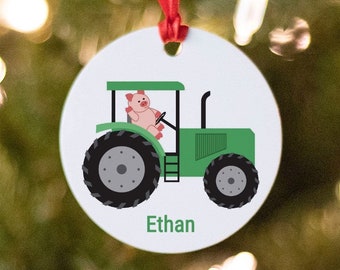 Personalized Green Tractor with Pig Christmas Ornament