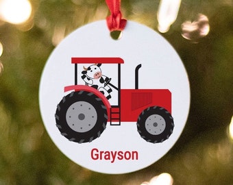 Personalized Red Tractor with Cow Christmas Ornament