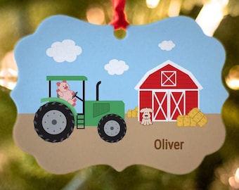 Personalized Green Tractor with Pig Farming Christmas Ornament