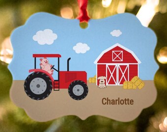 Personalized Tractor with Pig Farming Christmas Ornament - choose red or green tractor