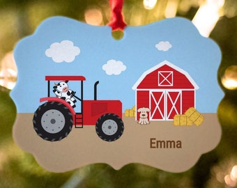 Personalized Tractor with Cow Farming Christmas Ornament - choose red or green tractor