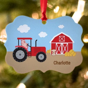 Personalized Farming Christmas Ornament - design includes red or green tractor, pig - cow and red barn