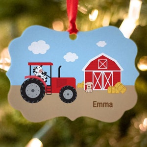 Personalized Tractor with Cow Farming Christmas Ornament - choose red or green tractor