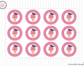 Preschool or Kindergarten Graduation Ice Cream Cone Printable Favor or Treat Tags - Pink