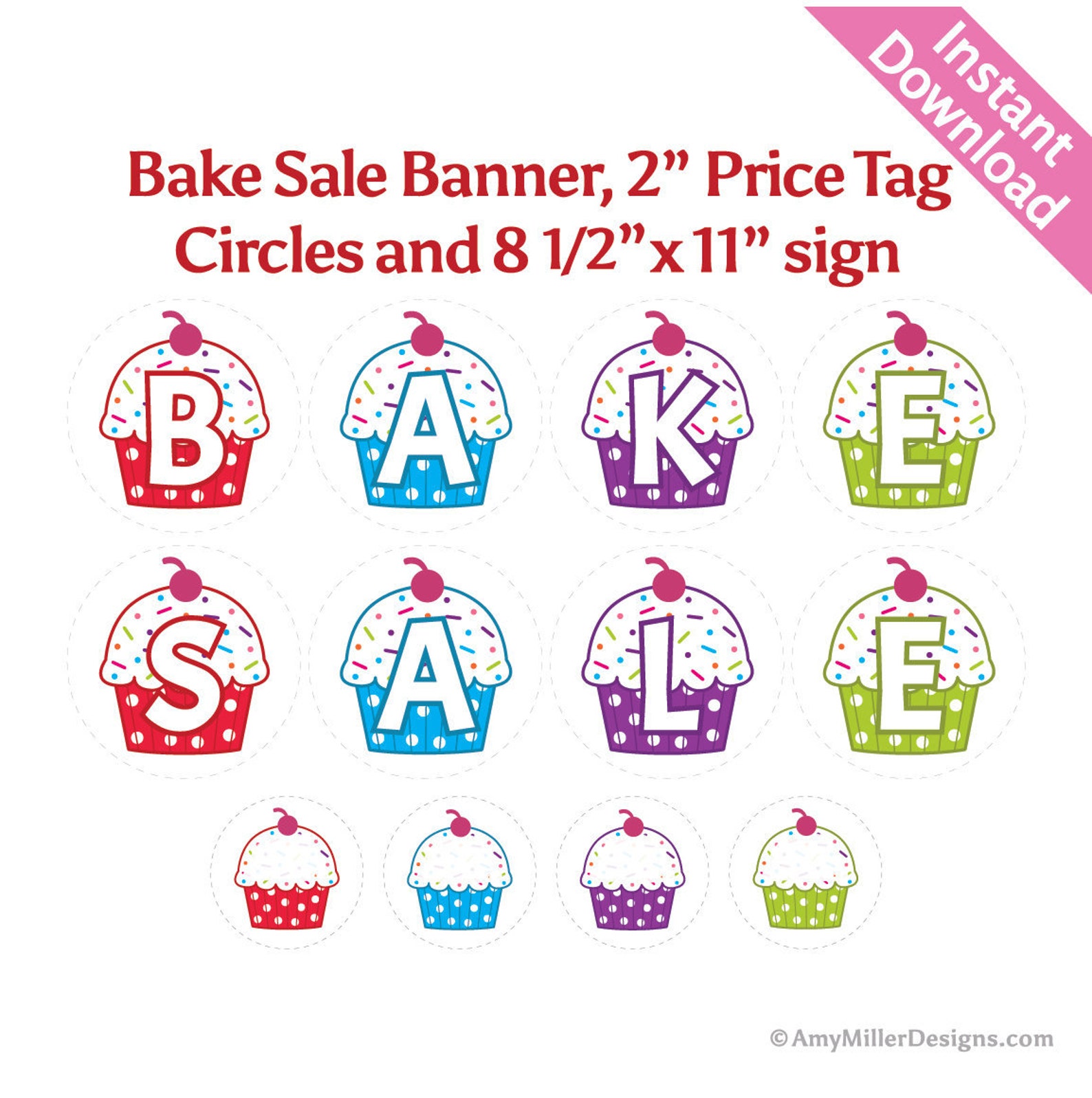 Printable Bake Sale Cupcake Banner and Matching 2" Circle Price Tags in Rainbow Colors - Etsy