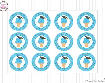 Preschool or Kindergarten Graduation Ice Cream Cone Printable Favor or Treat Tags - Blue