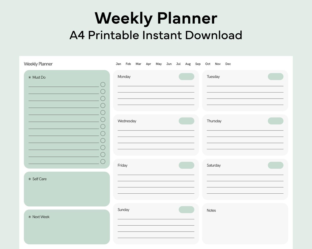 A4 Weekly Planner Printable to Do List Sage Green Organiser Template ...