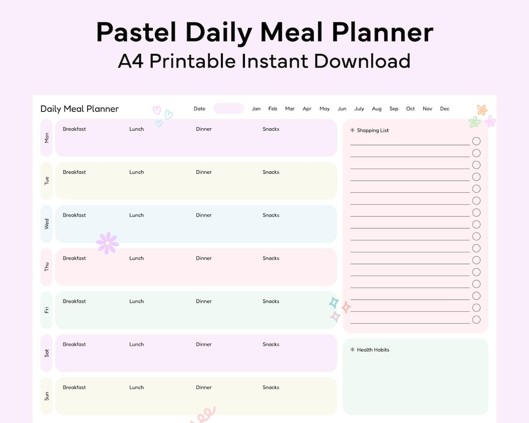 Pastel Daily Meal Planner A4 Printable Organiser Food Schedule Template ...