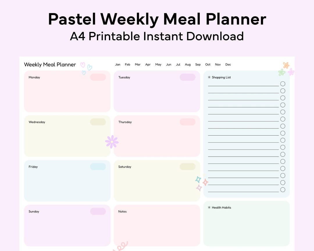 Pastel Weekly Meal Planner A4 Printable Food Planning Template ...