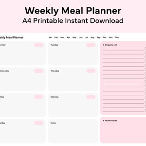 A4 Tygodniowy Planer Posiłków Do Wydrukowania, Różowy Dziennik Jedzenia, Prosta Lista Zakupów, Minimalistyczne Menu Diety, Organizer Kuchenny