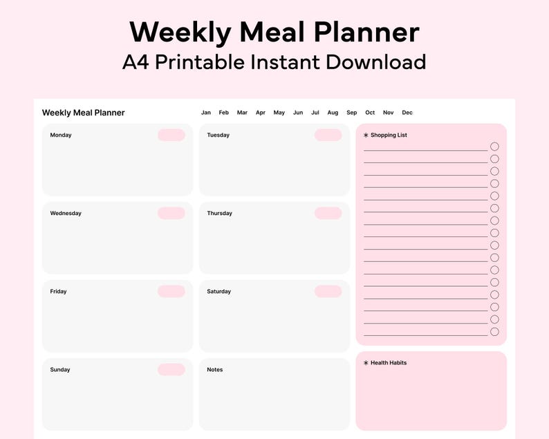 A4 Weekly Meal Planner Printable Pink Grocery List Digital Download ...