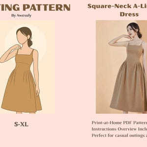 May include: A sewing pattern for a Square-Neck A-Line Midi Dress. The image shows a sketch and a photograph of the dress in a tan color. The pattern includes sizes S-XL and is a print-at-home PDF.