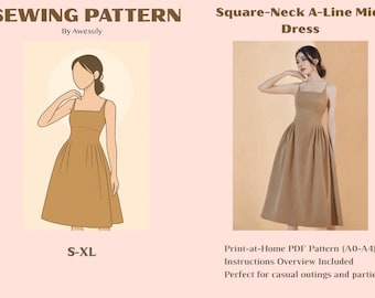 Square-Neck A-Line Midi Dress | Sewing Pattern | PDF Download | DIY Chic Top | S-XL
