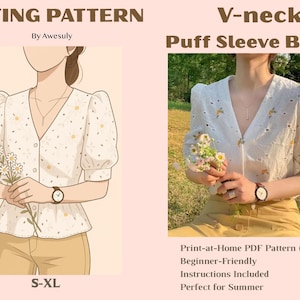 Può includere: Un modello di cucito per una blusa con scollo a V e maniche a sbuffo. L'immagine mostra un disegno e una foto della blusa. La blusa è bianca con un motivo floreale. Il modello è disponibile nelle taglie S-XL.