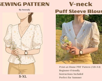V-neck Puff Sleeve Blouse | Sewing Pattern | PDF Download | DIY Chic Top | S-XL