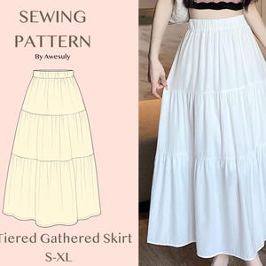 Peut inclure: Une jupe blanche à trois niveaux. L'image comprend une illustration de patron de couture et une photographie de la jupe portée. Le texte sur l'image indique "SEWING PATTERN" et "3-Tiered Gathered Skirt S-XL".
