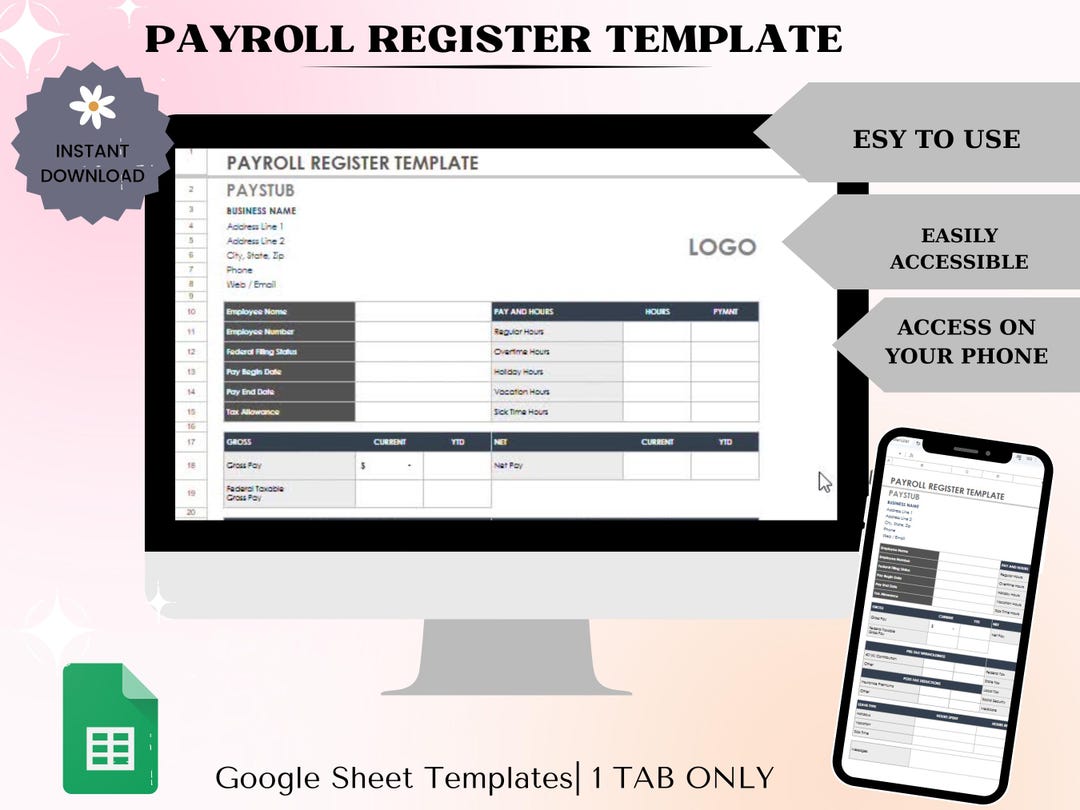 Payroll Register Template Digital Download Editable Spreadsheet Google ...