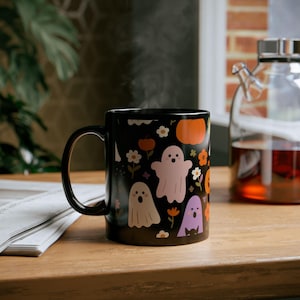 Cute Ghost Halloween Mug | Black Coffee Cup with Pumpkins and Flowers | Spooky Season Mug | Fall Autumn Gift for Her & Him, Halloween gifts