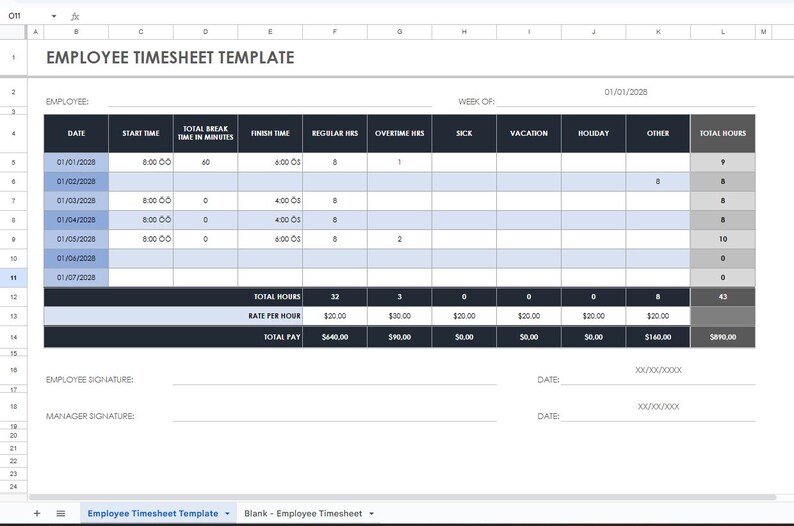Employee Timesheet Template Editable Spreadsheet for Google Sheets ...