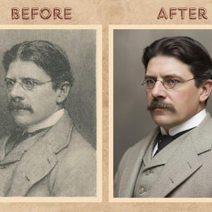 Peut inclure: Comparaison c&ocirc;te &agrave; c&ocirc;te d'un portrait vintage avant et apr&egrave;s restauration. L'image "AVANT" est un croquis en noir et blanc d'un homme en costume et lunettes. L'image "APR&Egrave;S" est un portrait coloris&eacute; du m&ecirc;me homme.