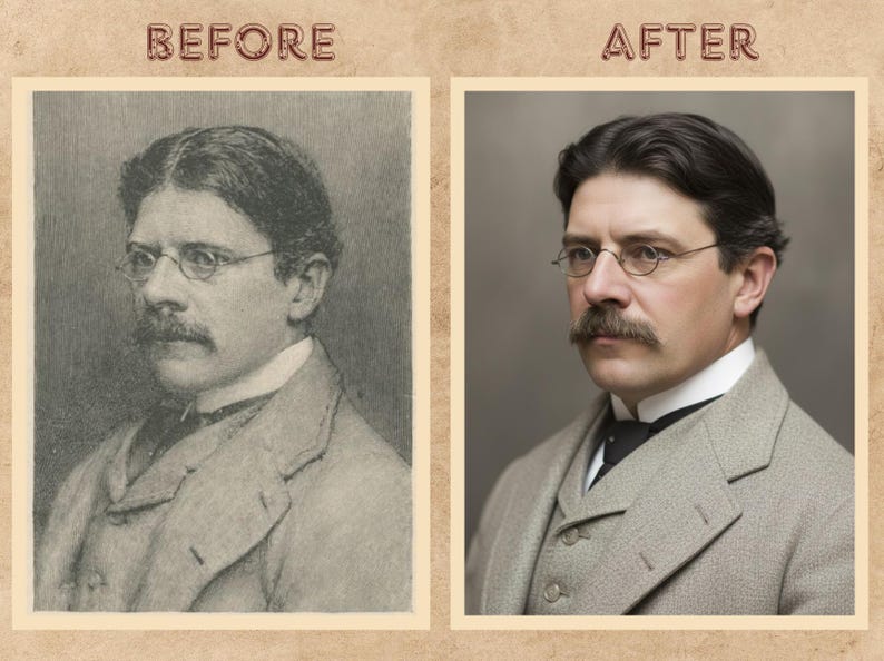 Peut inclure: Comparaison c&ocirc;te &agrave; c&ocirc;te d'un portrait vintage avant et apr&egrave;s restauration. L'image "AVANT" est un croquis en noir et blanc d'un homme en costume et lunettes. L'image "APR&Egrave;S" est un portrait coloris&eacute; du m&ecirc;me homme.
