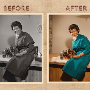 Peut inclure: Photographie vintage d'une femme en tailleur turquoise, assise derri&egrave;re un bureau avec diverses bouteilles. L'image est encadr&eacute;e avec les mots "AVANT" et "APR&Egrave;S" en haut. La femme sourit et tient une bouteille.