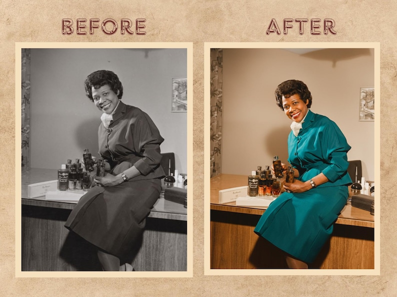 Peut inclure: Photographie vintage d'une femme en tailleur turquoise, assise derri&egrave;re un bureau avec diverses bouteilles. L'image est encadr&eacute;e avec les mots "AVANT" et "APR&Egrave;S" en haut. La femme sourit et tient une bouteille.